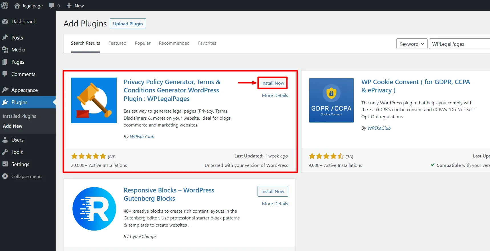 Installing the WP Legal Pages plugin