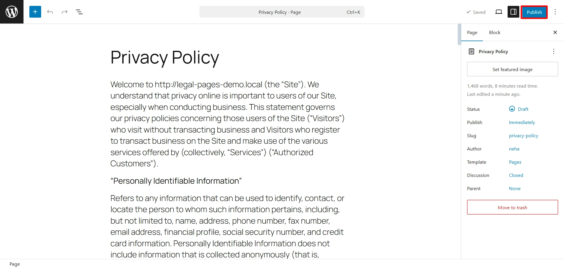 Clicking on publish