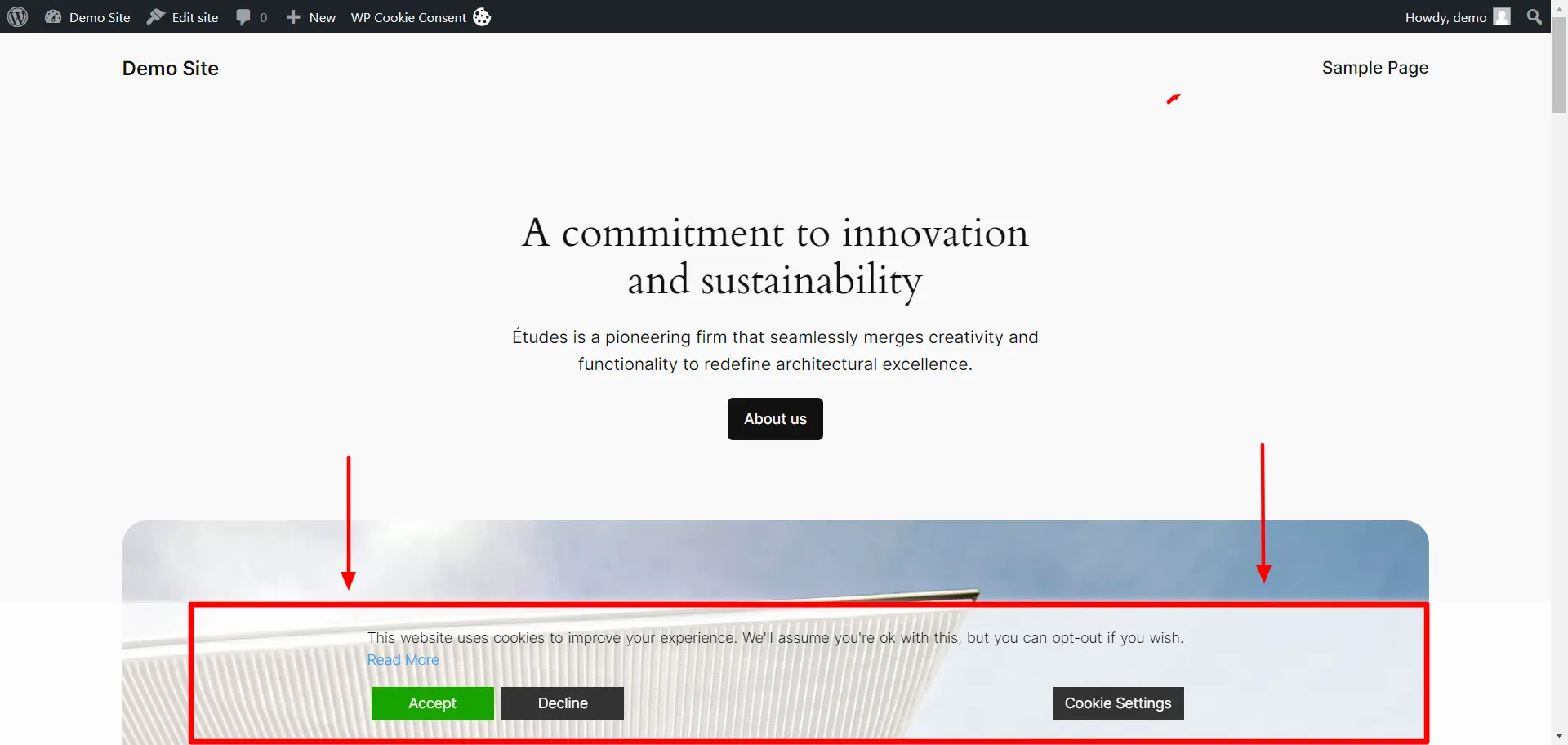 WordPress cookie banner live on the website