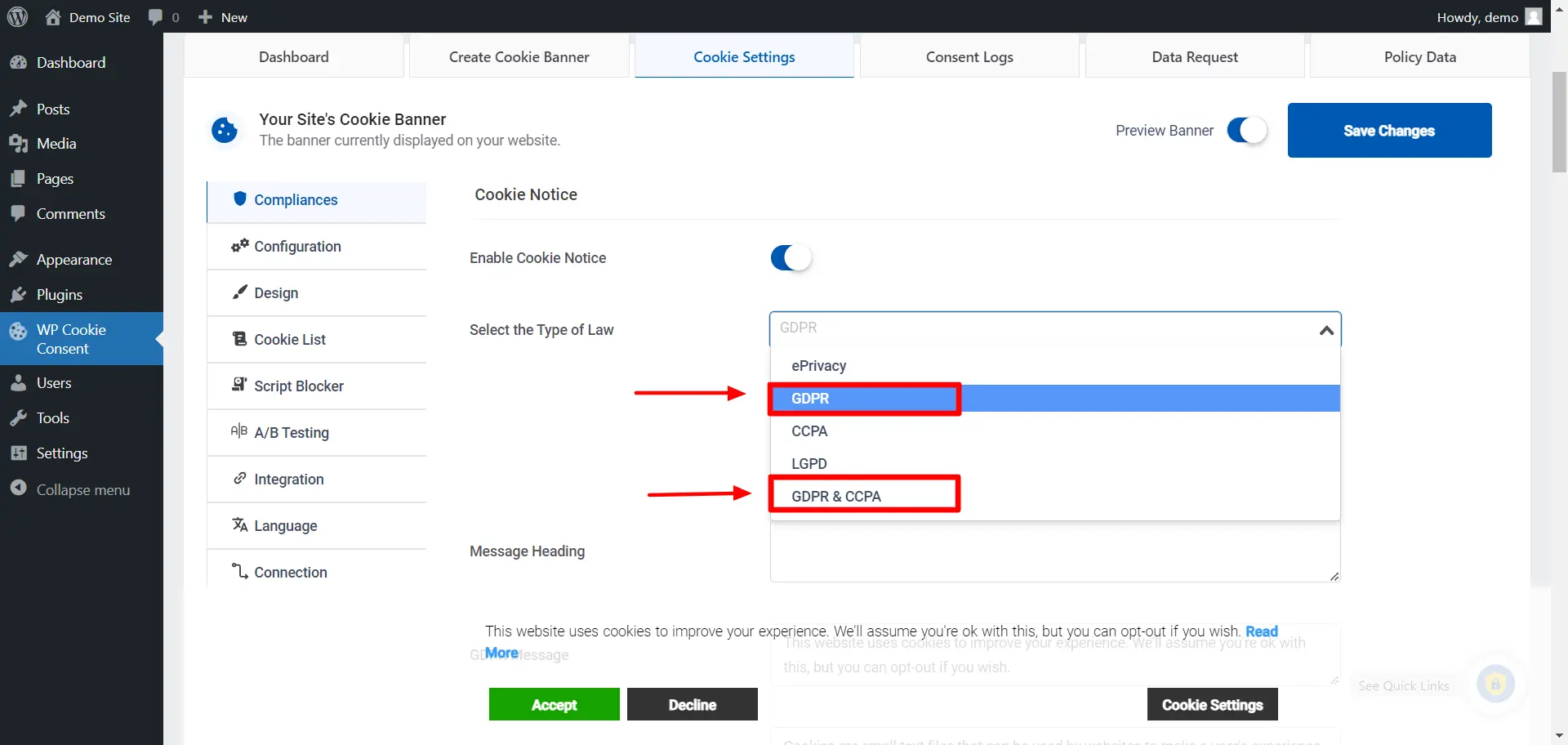Cookie Consent compliance tab.