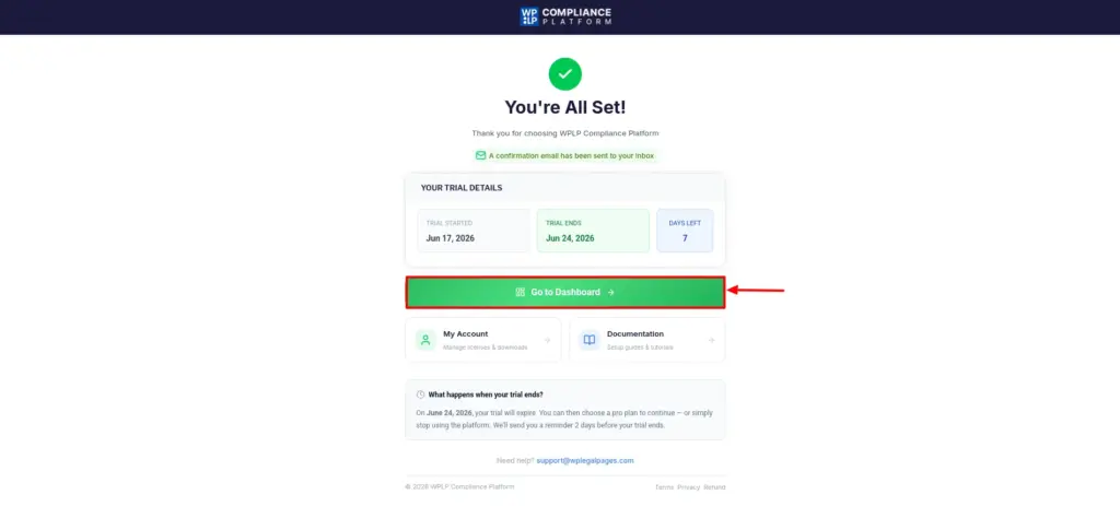 Clicking Go to Dashboard in the Thankyou page