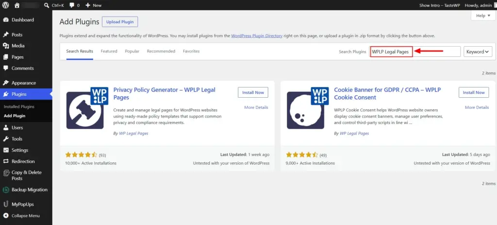 Search for WPLP Legal Pages in search bar