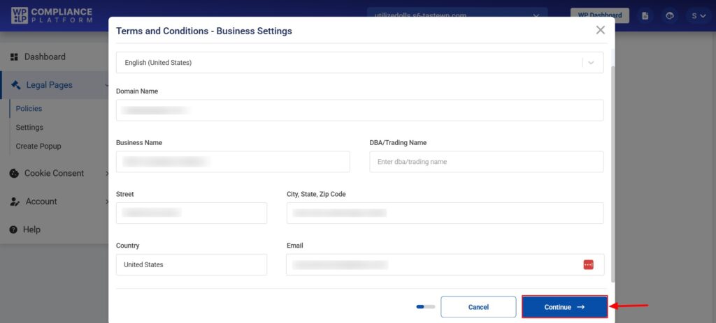 Terms and Conditions business settings