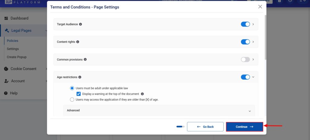 Terms and Conditions page settings