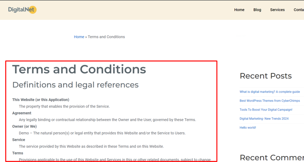 Front end of the T&C page