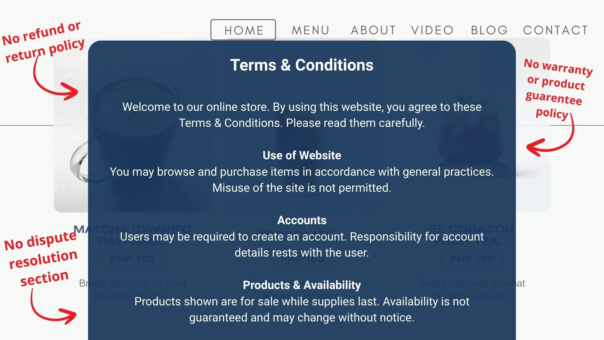 Example of leaving out necessary clauses in T&C page