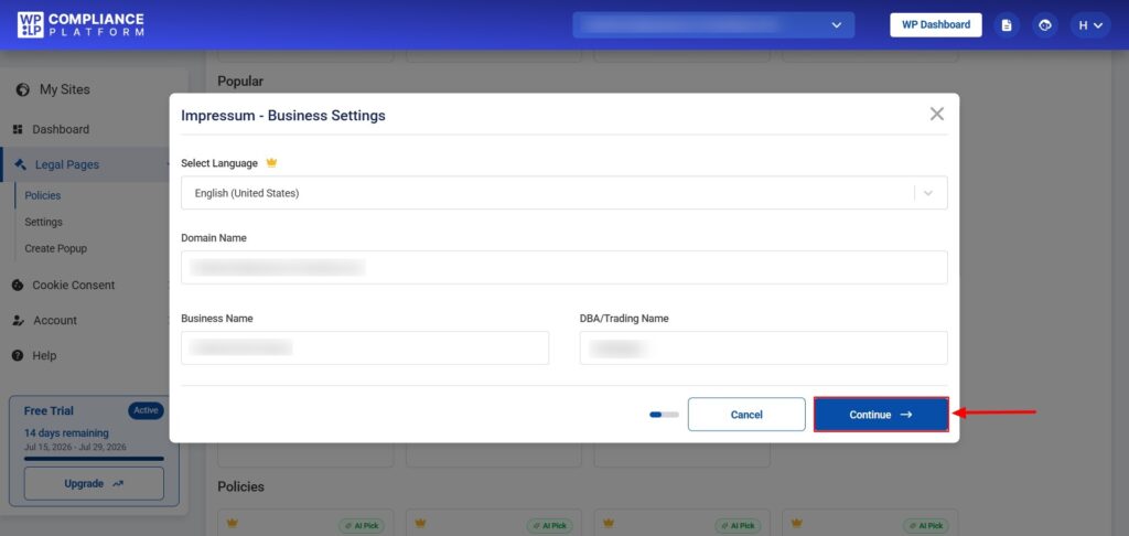 Fill details in business settings