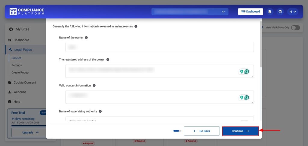 Fill details on the Page Settings