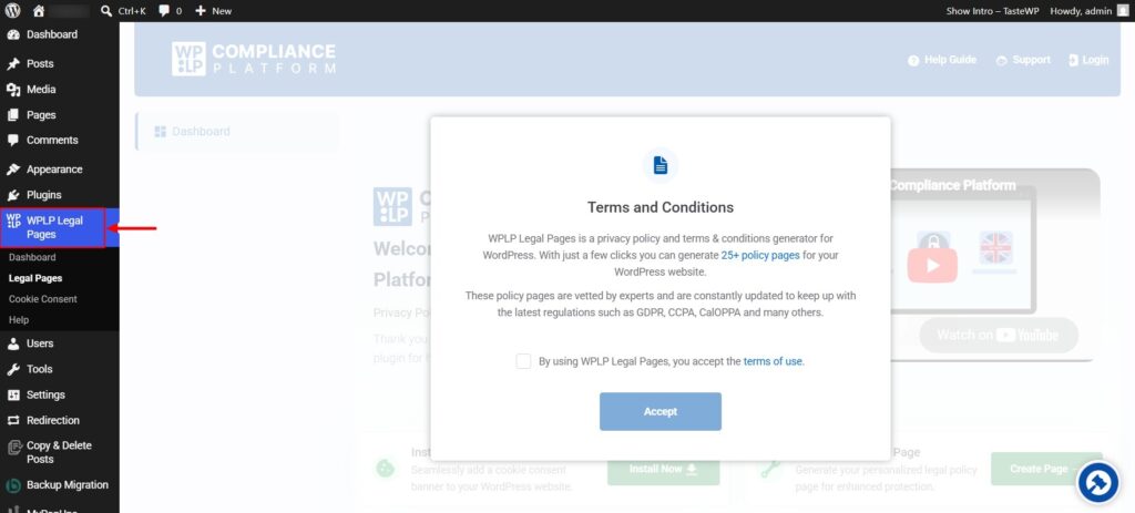 Access WPLP Legal Pages in the dashboard