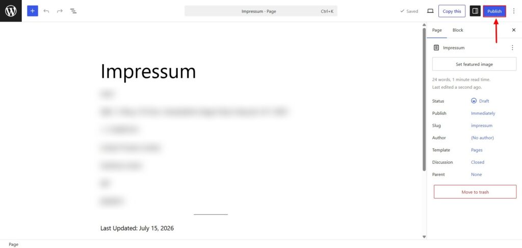 Hit publish after reviewing your impressum