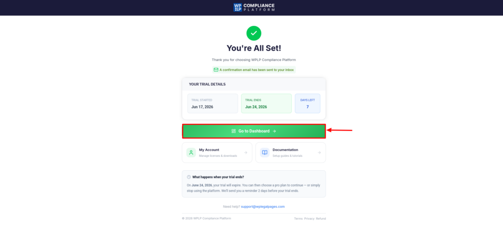Click on 'Go to Dashboard'