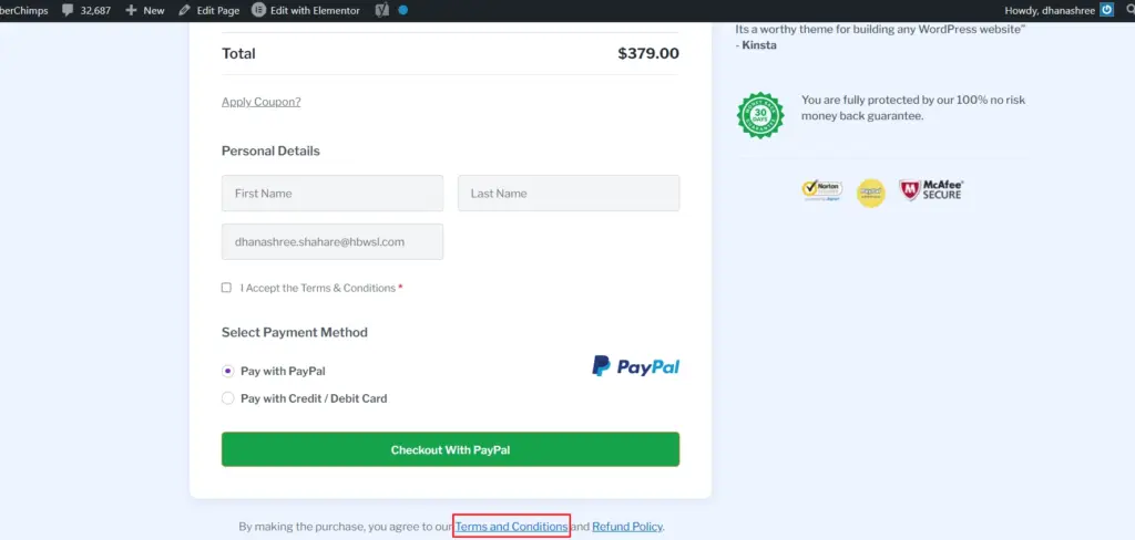 T&C linked to the checkout page