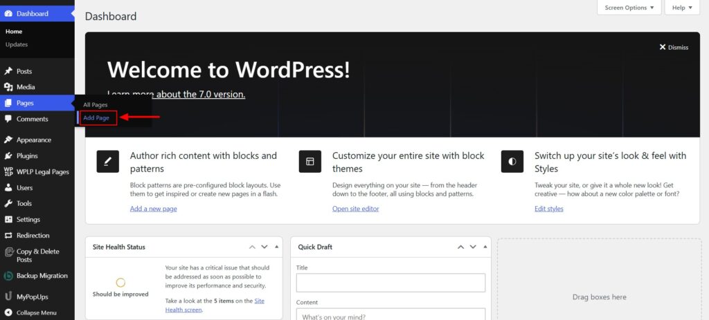Adding a new page in a WordPress site