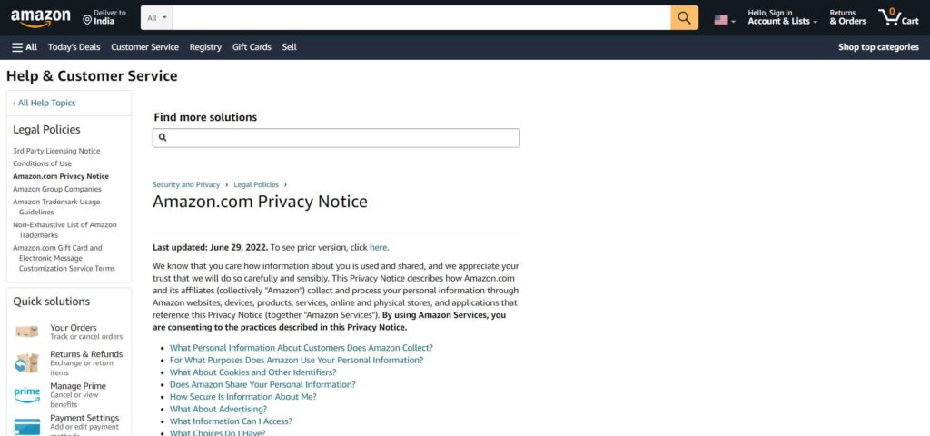 Privacy policy example for website Amazon privacy notice
