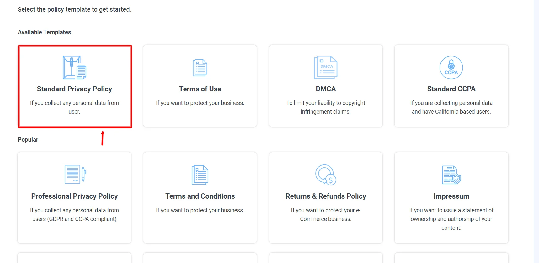 Choosing the standard Privacy Policy