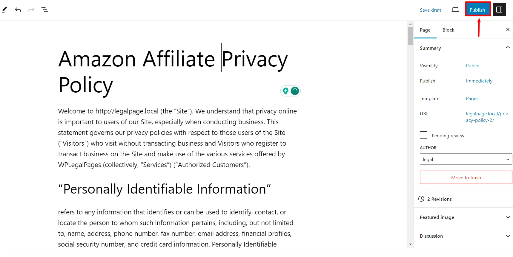 Publishing the privacy Policy