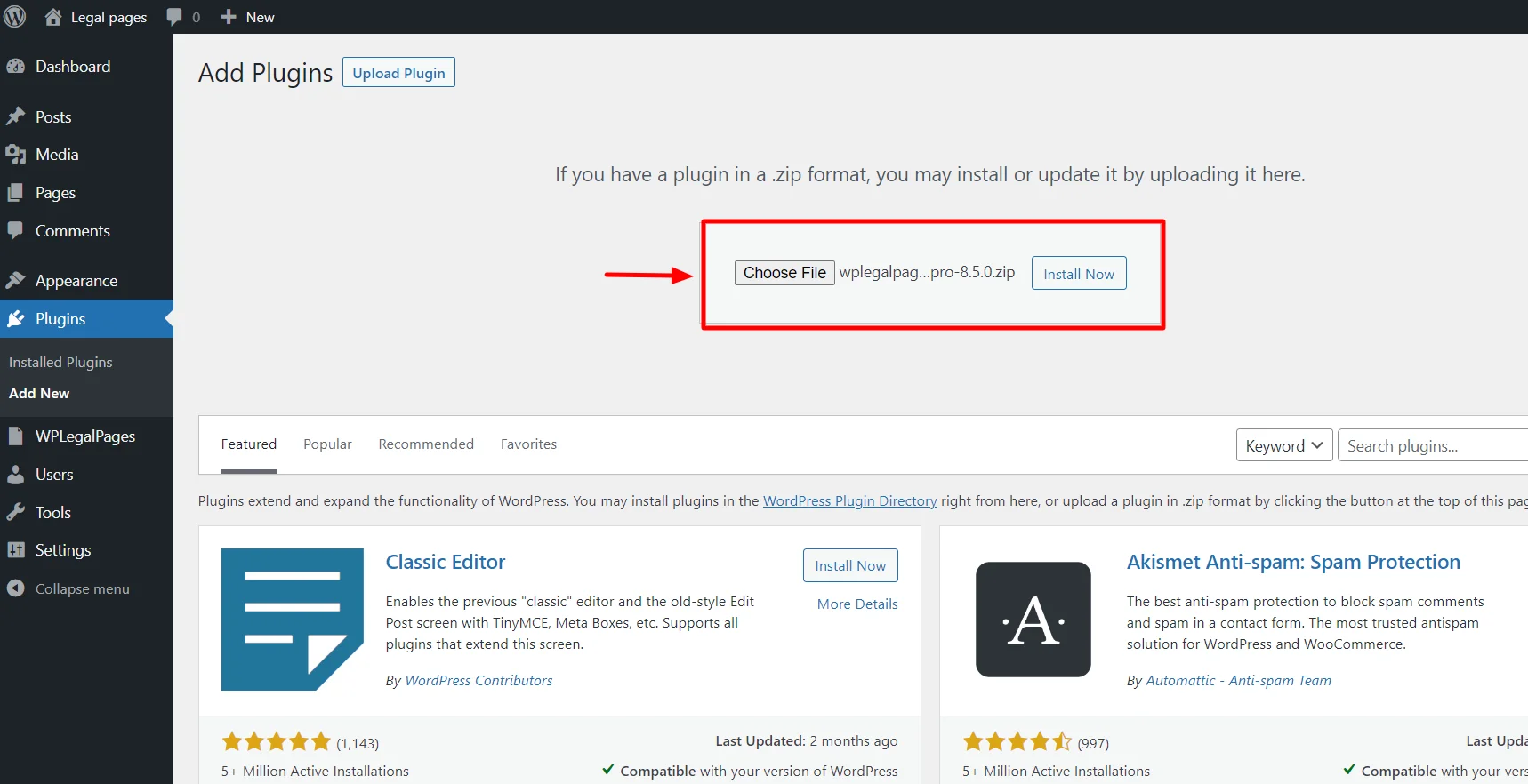 Installing the uploaded plugin