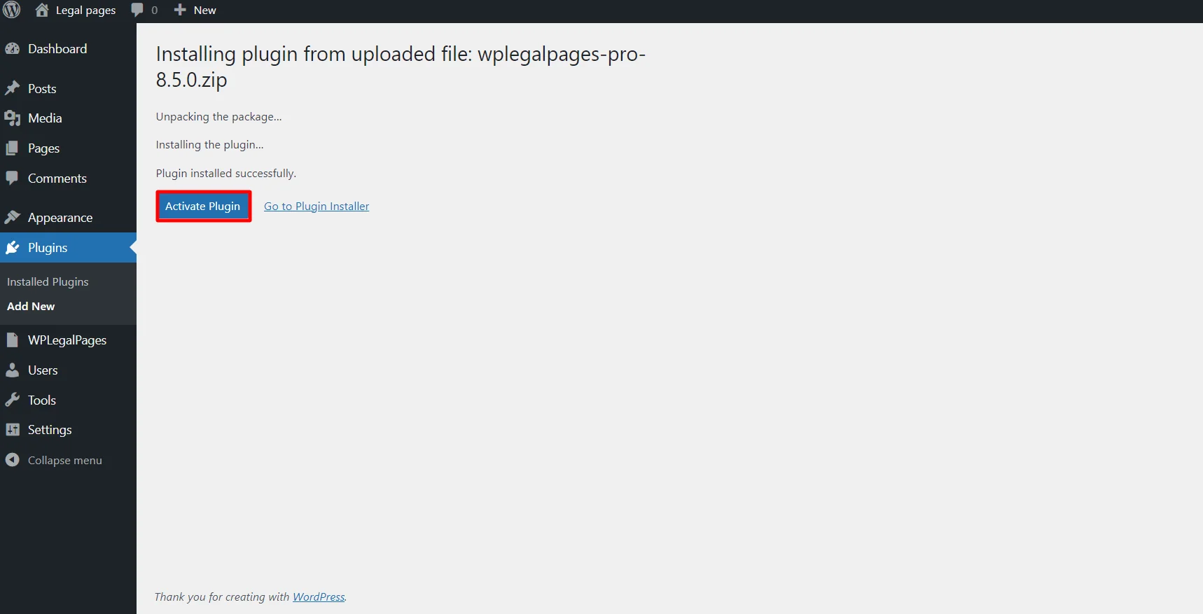 Activating plugin