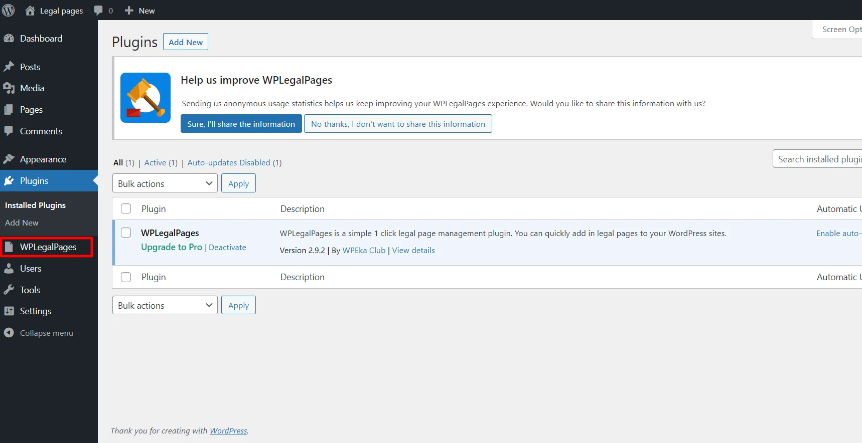 Checking WPLegalPages plugin in dashboard