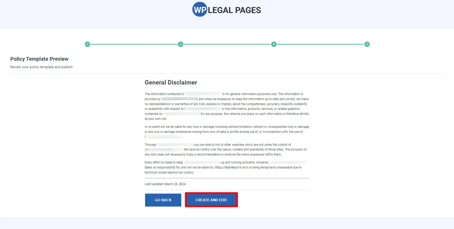 Previewing the disclaimer page template
