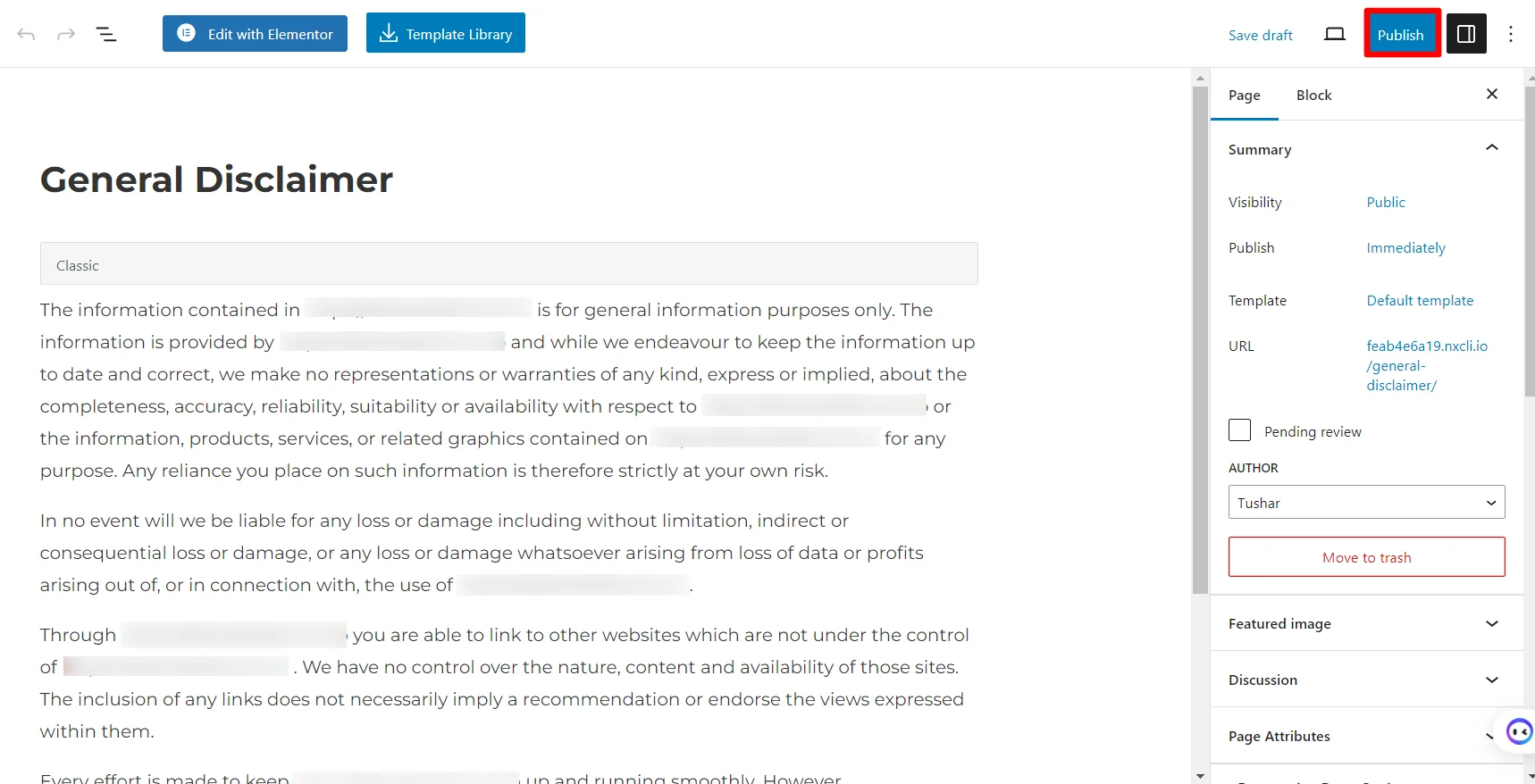 Editing and publishing the disclaimer