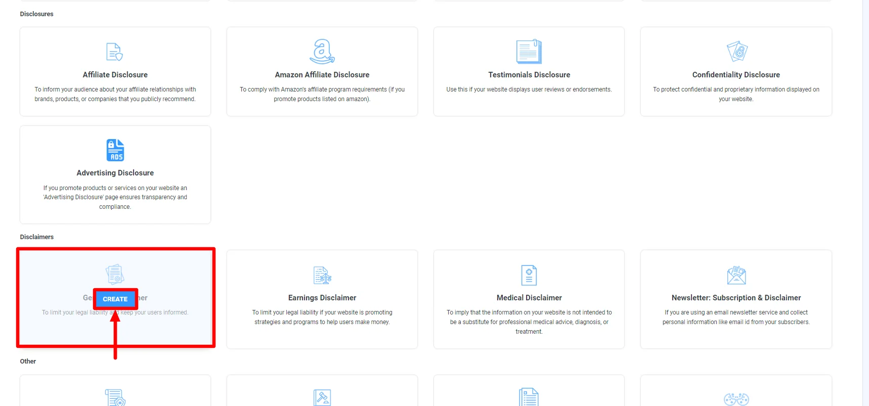 Choosing the disclaimer template