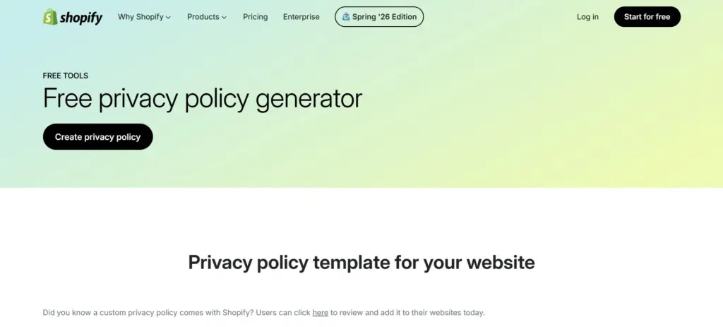 Shopify - Free Privacy Policy generator page