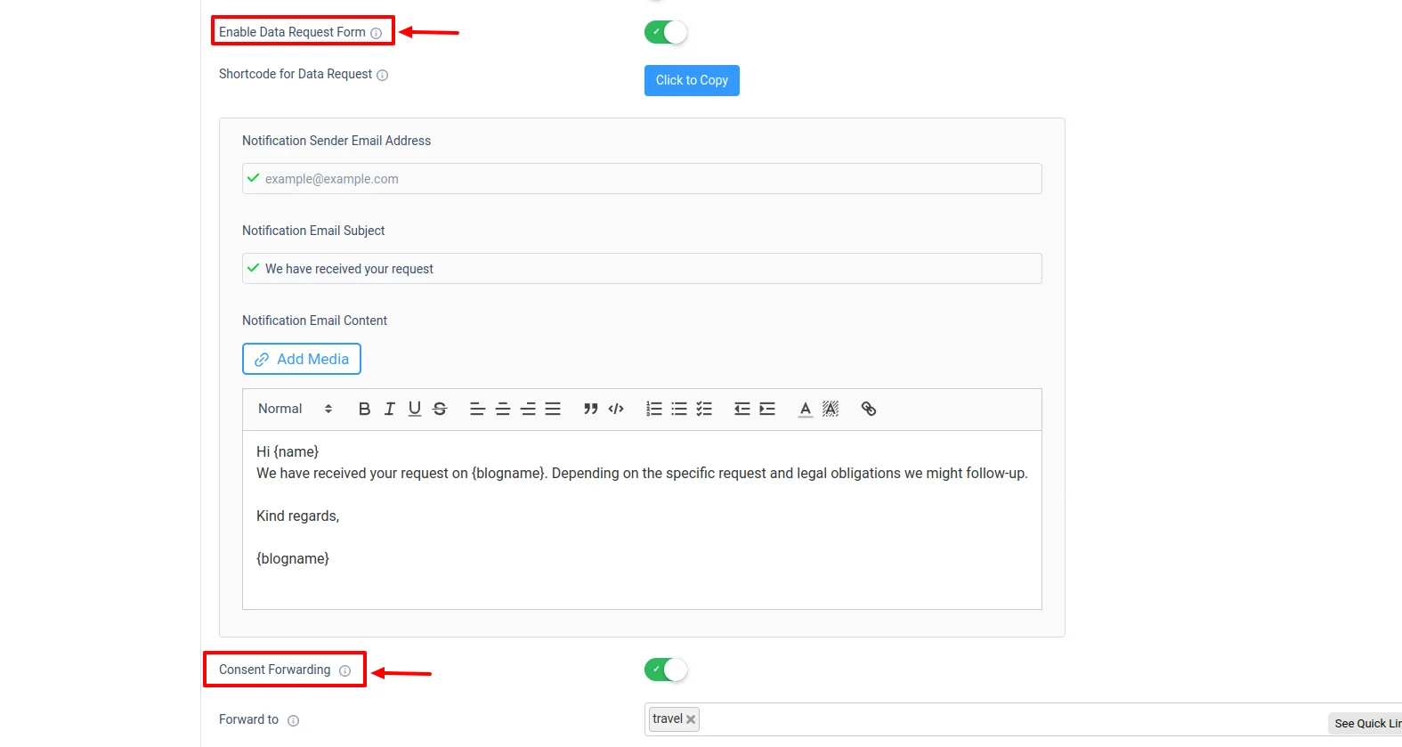 Enabling data request form