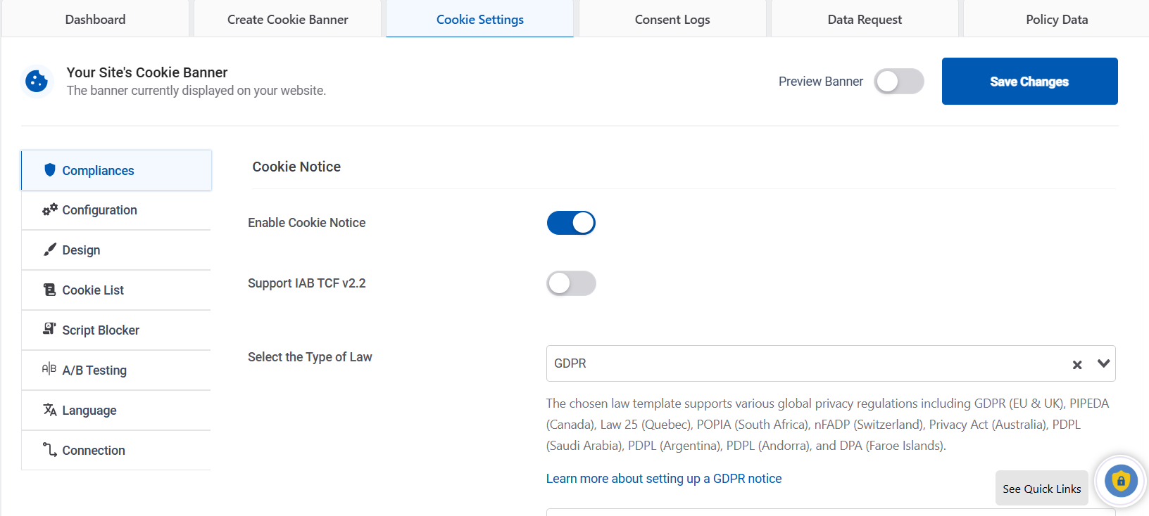 Cookie settings > compliance