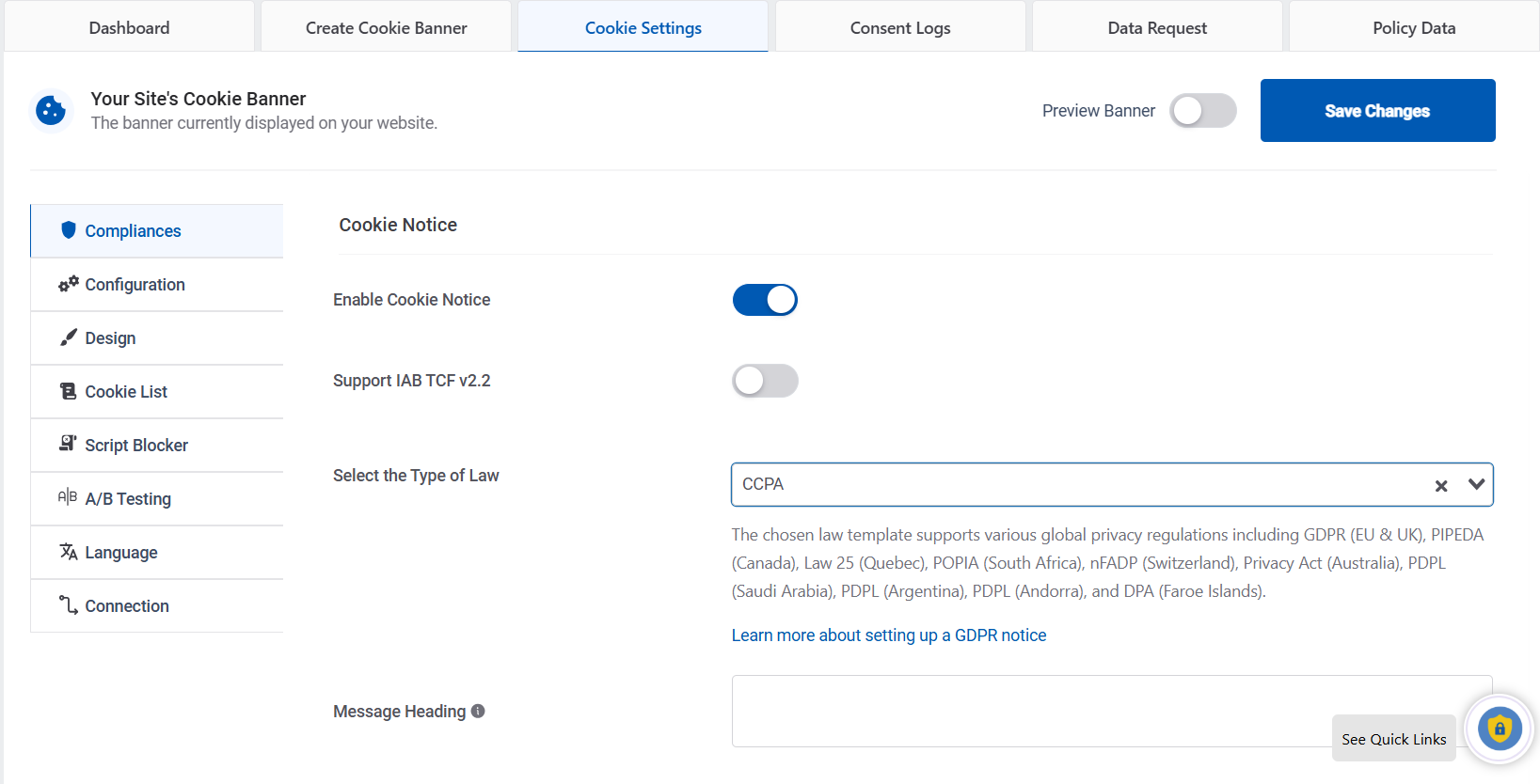 Select the type of las as CCPA