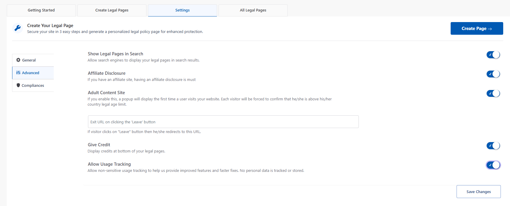 Advanced settings tab 