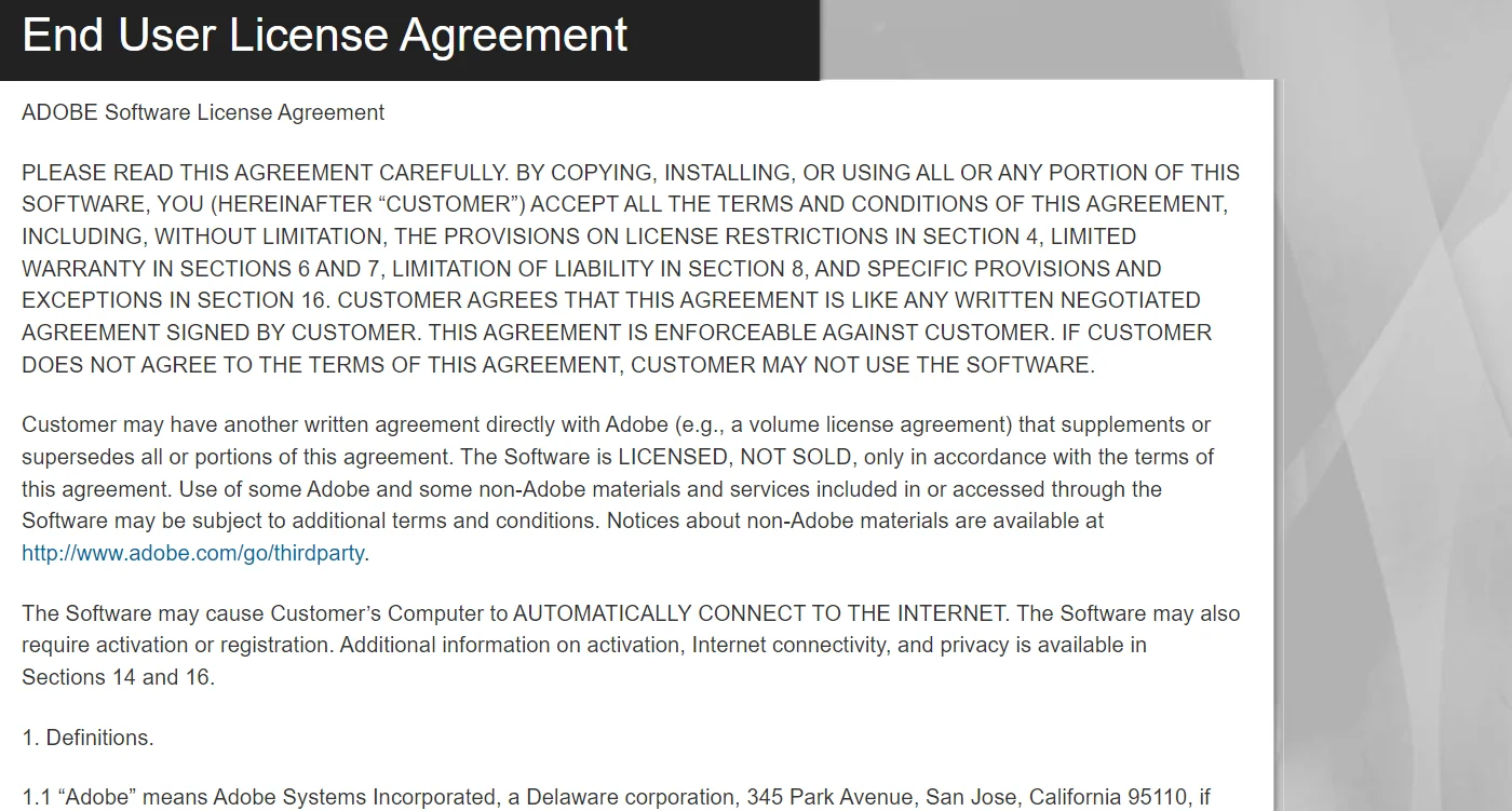 Sample end user license agreement of  Adobe