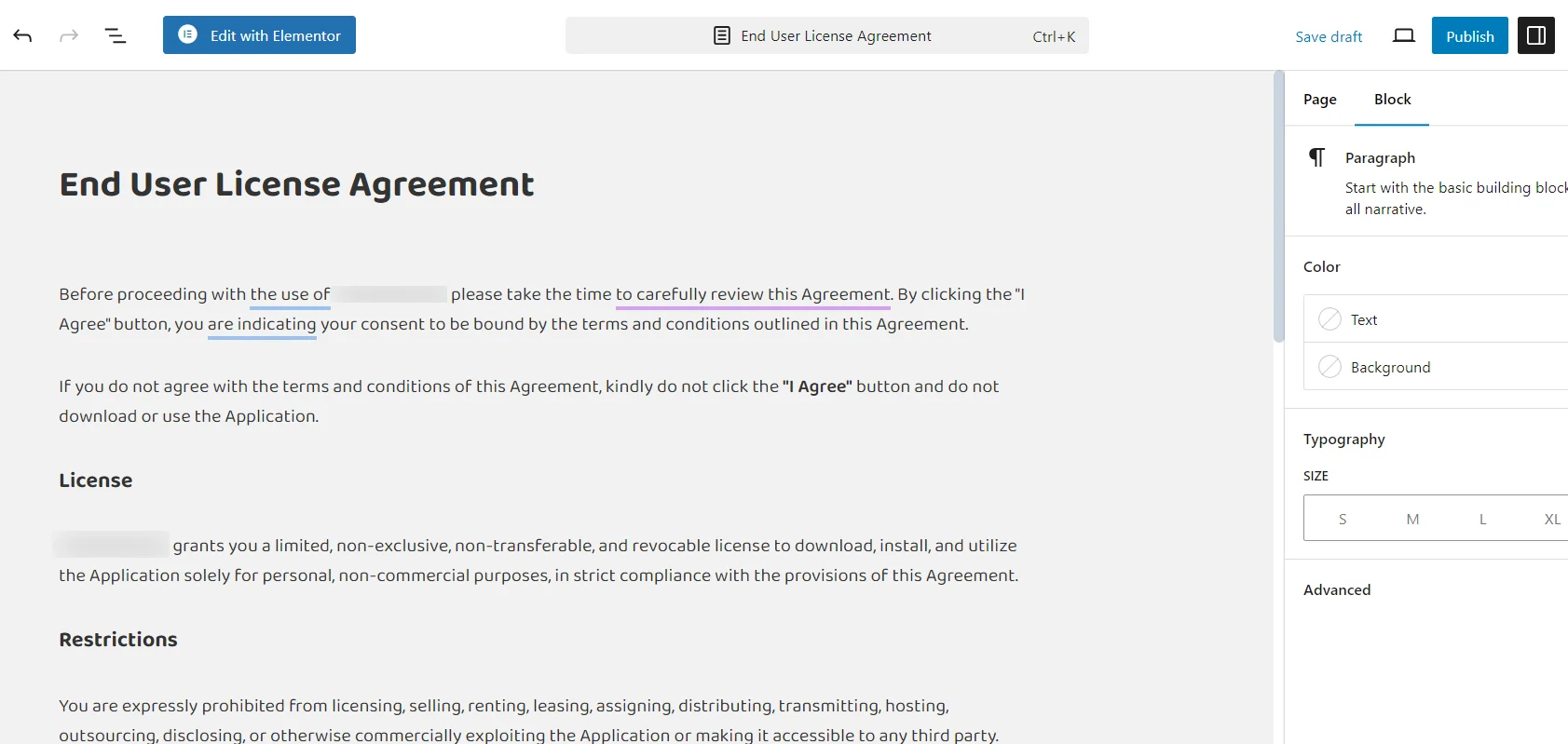 Publishing the end user license agreement