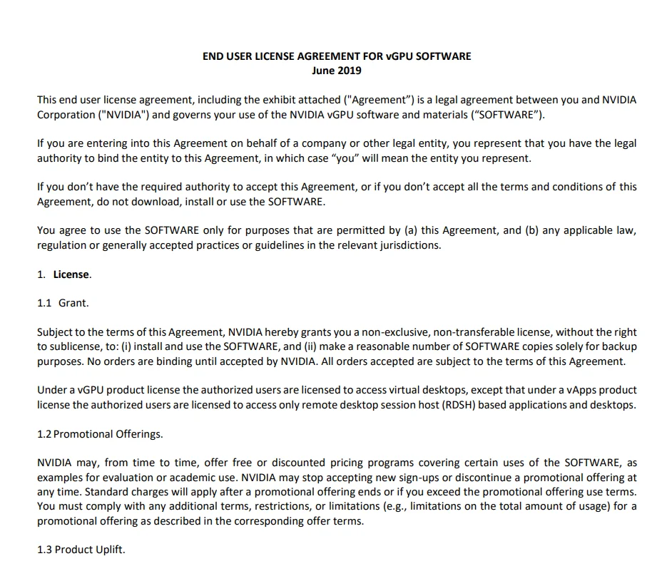 Sample end user license agreement of  Nvidia