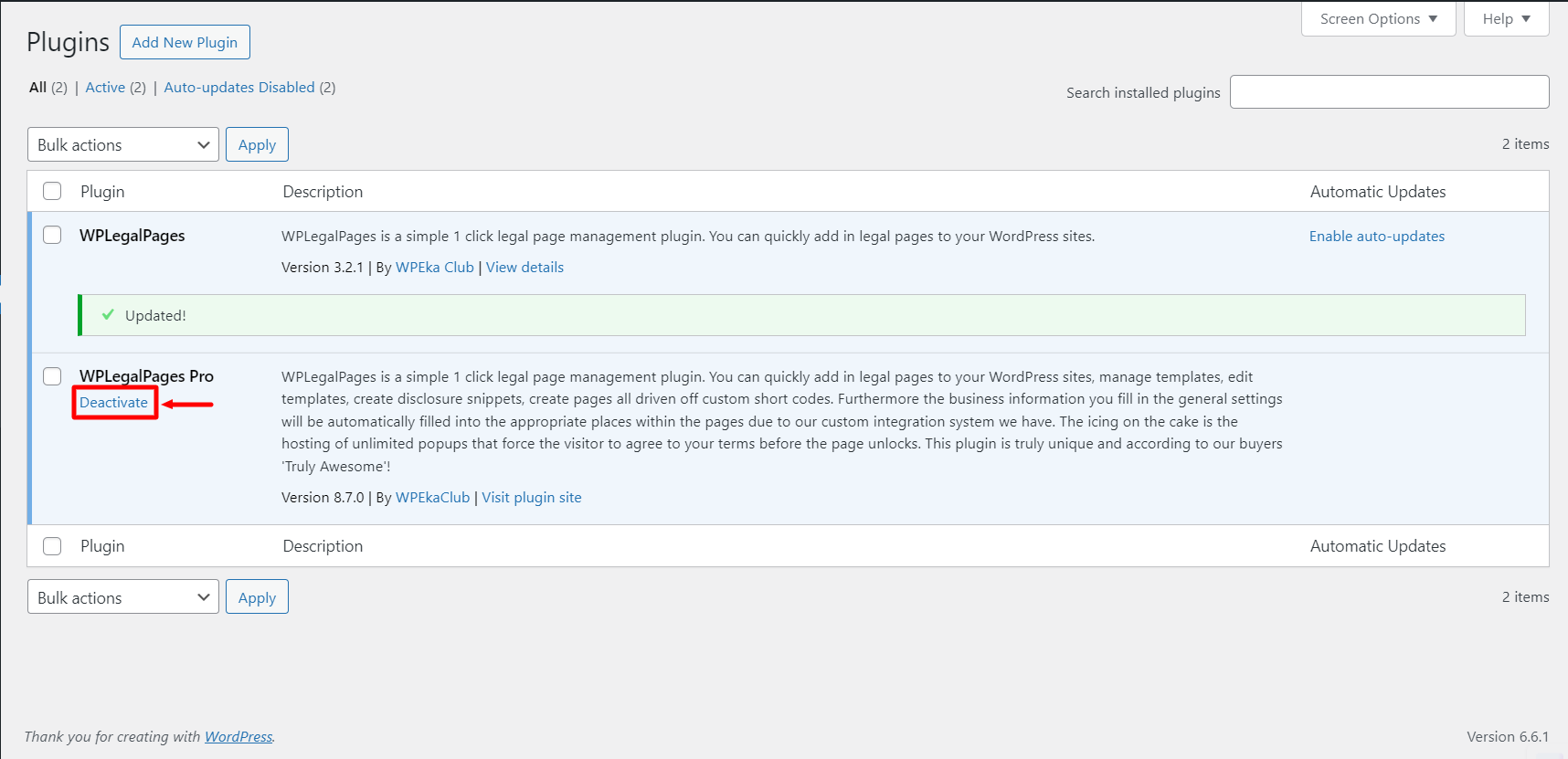 deactivating the plugin