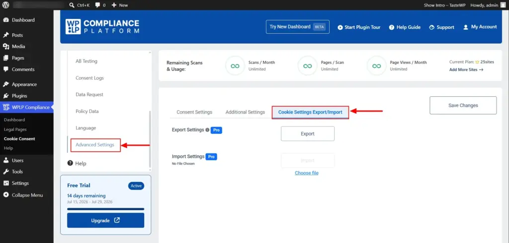 Importing cookie settings