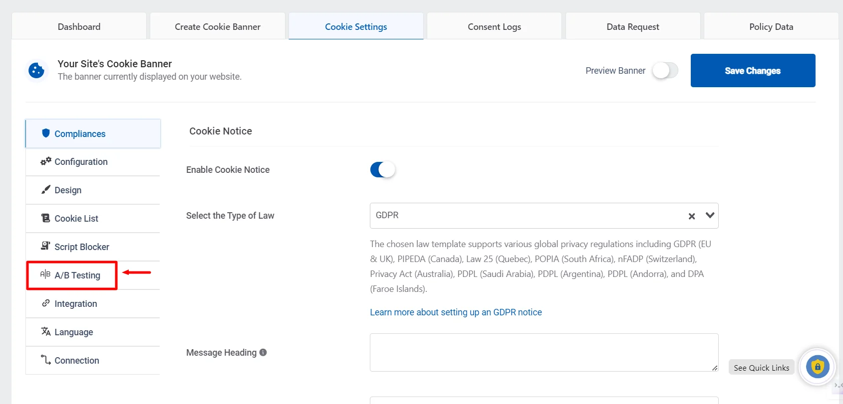 click on A/B testing tab