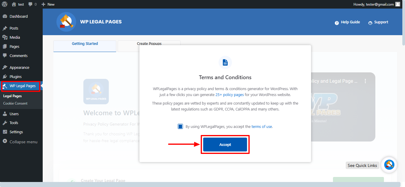 Press the Accept button - WP Legal Pages