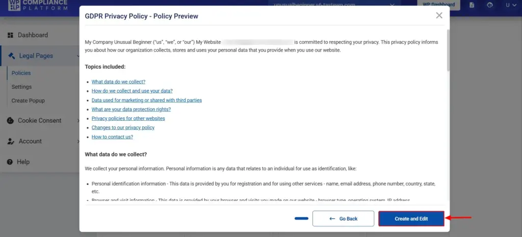 Preview of WordPress GDPR Privacy Policy