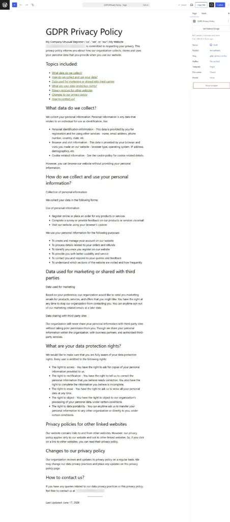Example of a Finished WordPress GDPR Privacy Policy