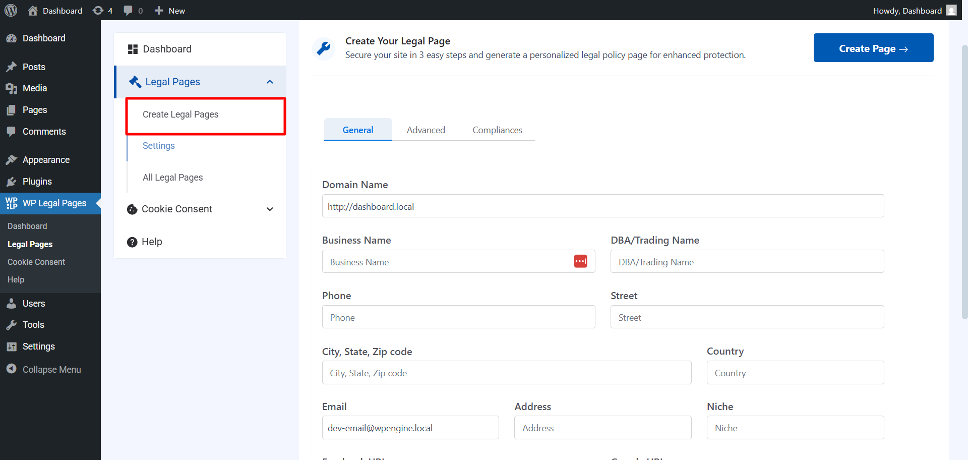 Click on create page button to create CCPA privacy policy