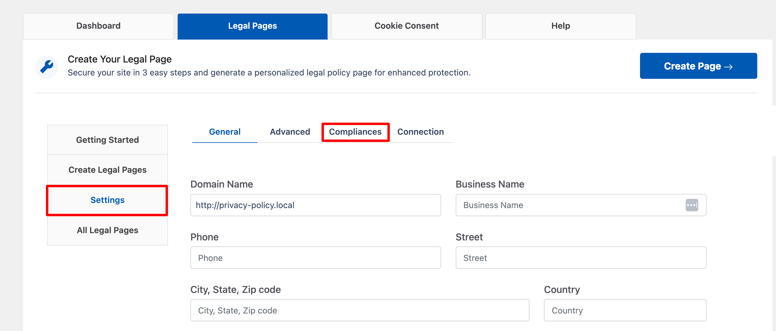 Clicking on compliance tab