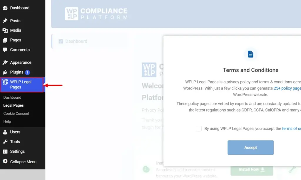 Accessing WPLP Legal Pages from dashboard
