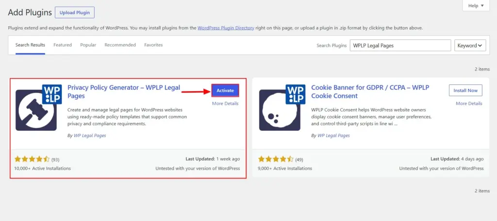 Activating WPLP Legal Pages plugin