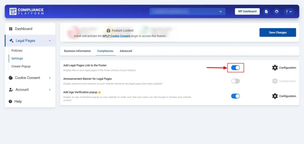 Toggling on Add Legal Pages Link to the Footer option