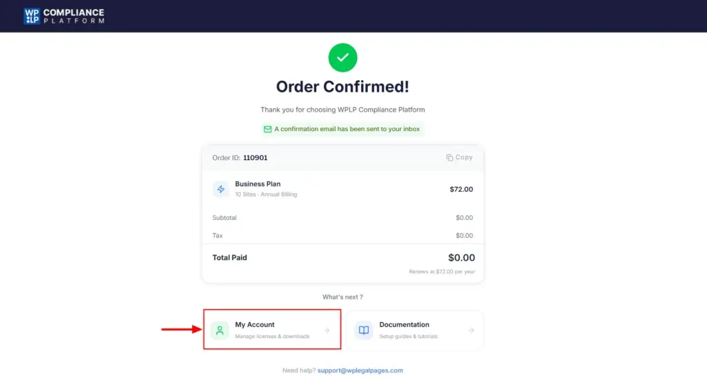 Choosing My Account in the Order Confirmed page