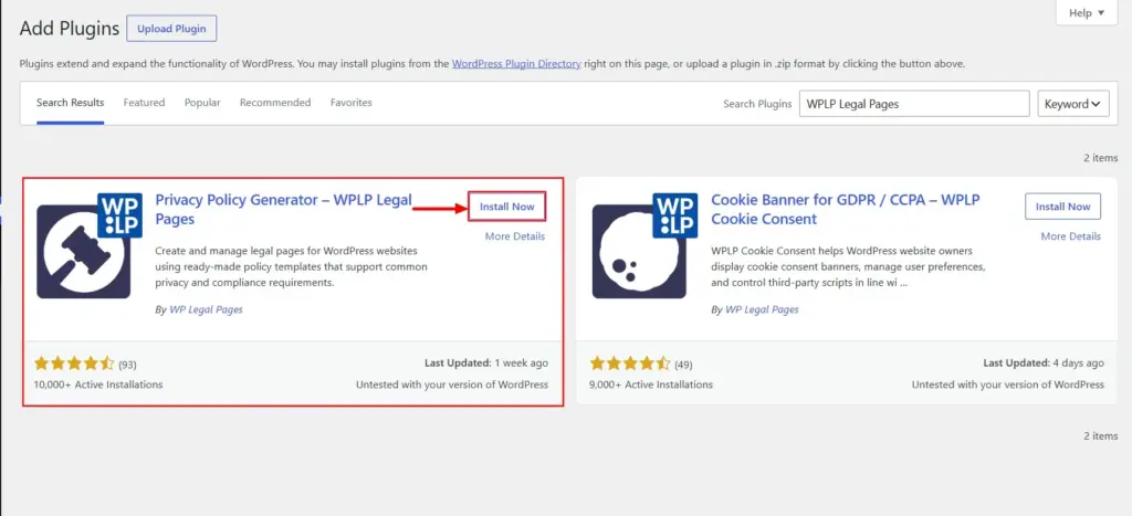 Installing WPLP Legal Pages plugin