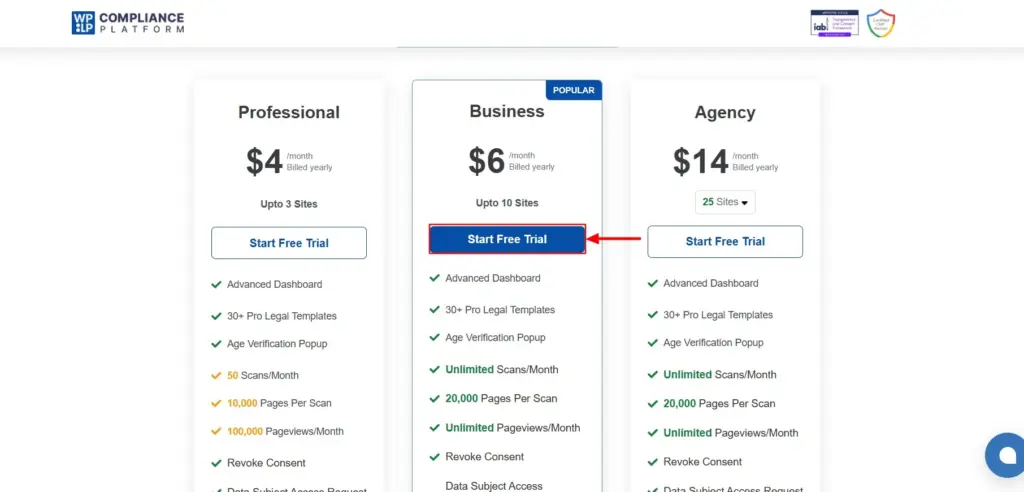 Clicking on Start Free trial button on Pricing page