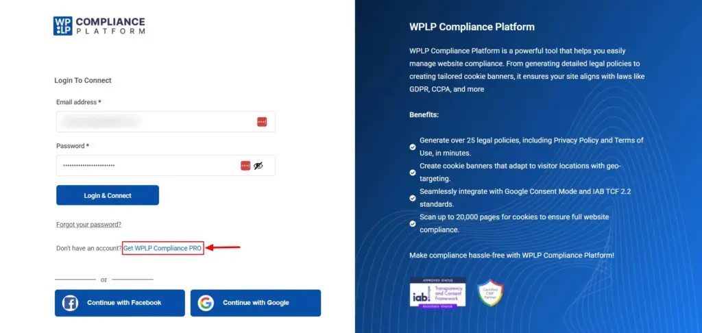 Signing up by clicking on Get WPLP compliance PRO