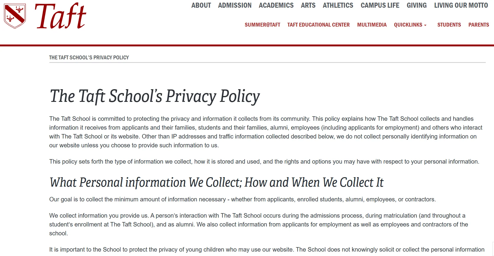 Taft Educational Privacy Policy